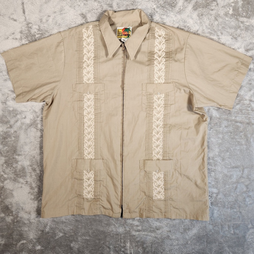 Haband Guayabera Shirt Mens Tan 2XL 4 Pocket Full Zip Front Short Sleeve Vintage